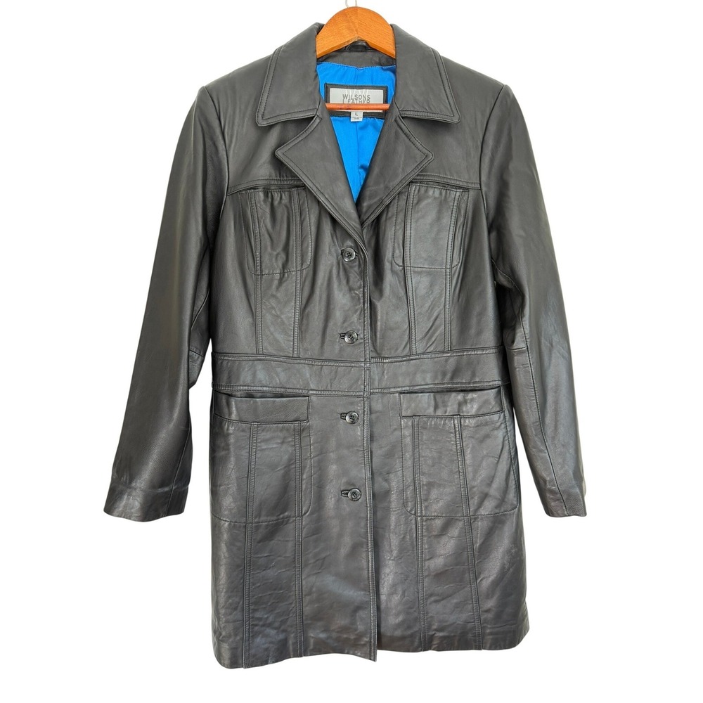 Wilsons Leather Maxima Black Leather Trench Coat Jacket Blue Lining Large VTG